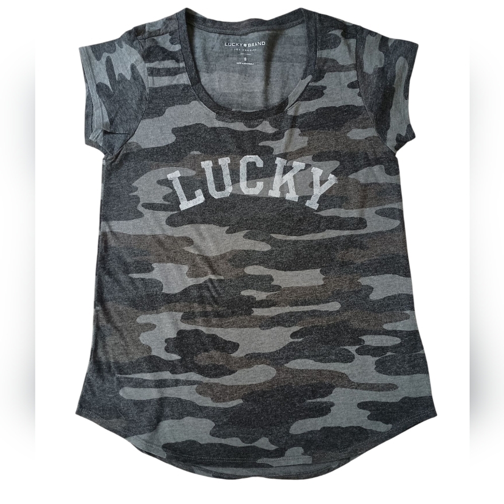 Lucky Brand Womens Tshirt Charcoal Gray Camo Short Sleeve Tee